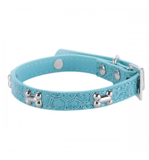 INVET - Pet Small Dogs Bone Buckle Candy Color Pu Leather Collar Blue